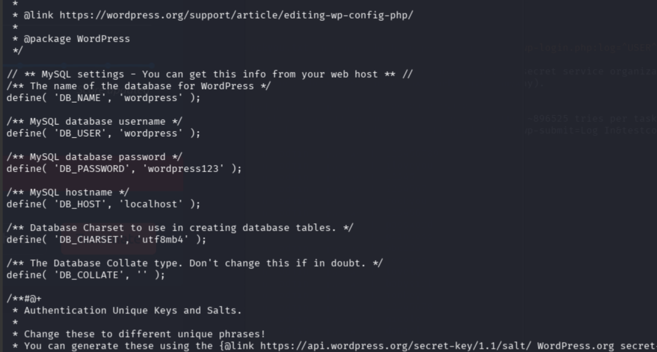 wp-config.php contents showing DB_USER wordpress and DB_PASSWORD wordpress123